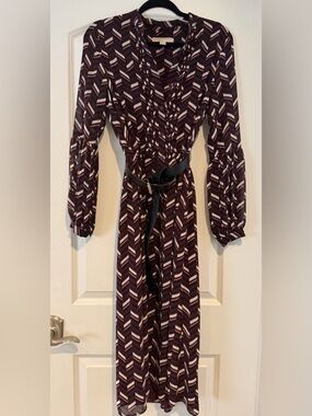Michael Kors Maroon Chevron Midi Dress with Black Belt
